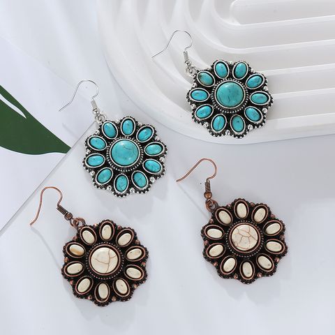1 Pair Vintage Style Simple Style Flower Plating Inlay Alloy Turquoise Bronze Plating Silver Plated Drop Earrings