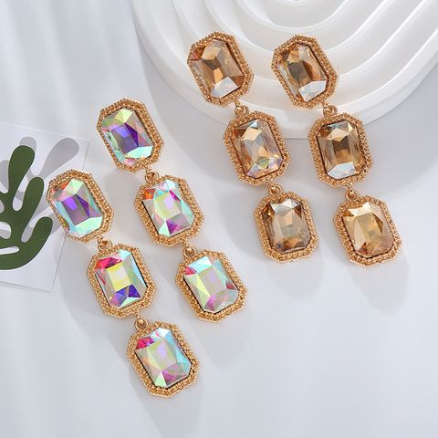 1 Pair Classic Style Shiny Rectangle Plating Inlay Alloy Rhinestones Glass Gold Plated Drop Earrings