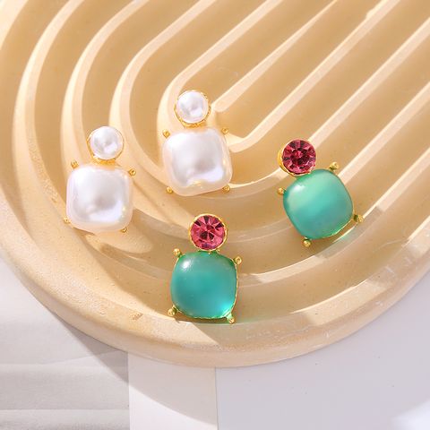 1 Pair Cute Square Inlay Alloy Artificial Pearls Ear Studs
