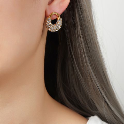 1 Pair Elegant Simple Style Geometric Solid Color Plating Inlay Titanium Steel Artificial Diamond 18k Gold Plated Hoop Earrings
