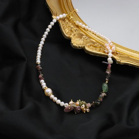 Original Design Color Block Freshwater Pearl Tourmaline Copper Beaded Plating 18k Gold Plated Necklace