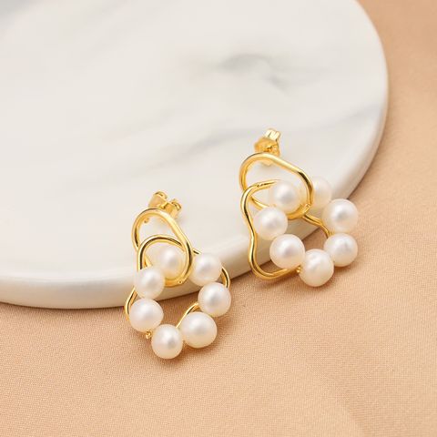 1 Pair Original Design Round Plating Freshwater Pearl Copper 18k Gold Plated Drop Earrings