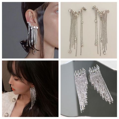 1 Pair Elegant Luxurious Geometric Tassel Inlay Alloy Rhinestones Silver Plated Drop Earrings