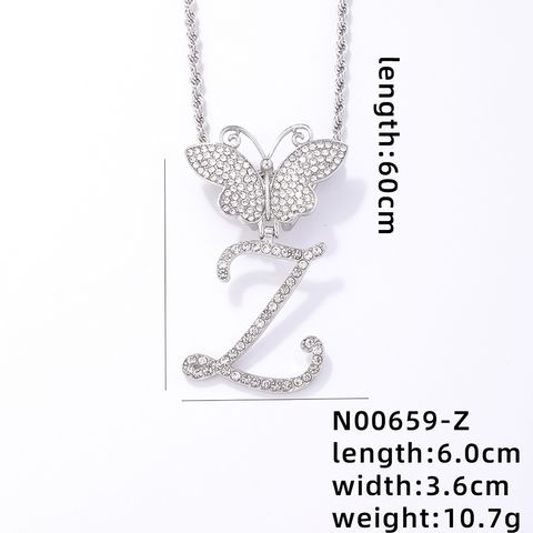 Hip-Hop Letter Butterfly 304 Stainless Steel Copper Plating Inlay Rhinestones Rhodium Plated Women's Pendant Necklace