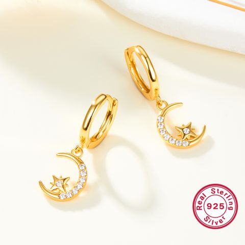 1 Pair Simple Style Streetwear Star Moon Plating Inlay Sterling Silver Zircon 18k Gold Plated Drop Earrings
