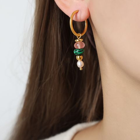 1 Pair Casual Vacation Simple Style Geometric Plating Beaded Natural Stone Titanium Steel 18k Gold Plated Drop Earrings