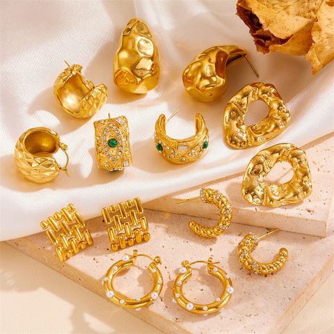 1 Pair Casual Geometric Plating Titanium Steel Artificial Pearls Rhinestones 18K Gold Plated Hoop Earrings Ear Studs