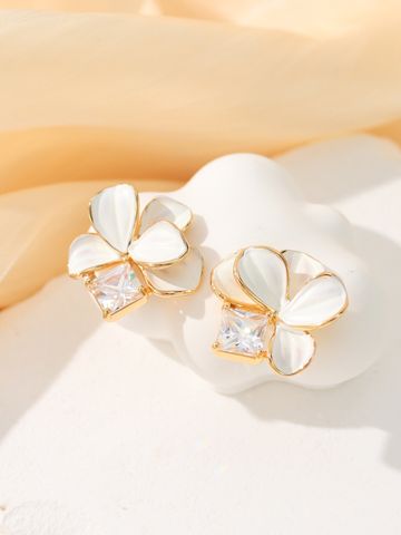 1 Pair Simple Style Classic Style Flower Plating Inlay Brass Zircon 14k Gold Plated 18k Gold Plated Drop Earrings
