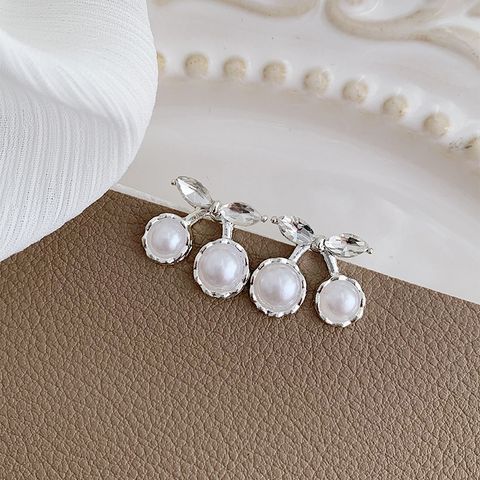 1 Pair Sweet Simple Style Cherry Alloy Artificial Pearls Silver Plated Ear Cuffs Ear Studs