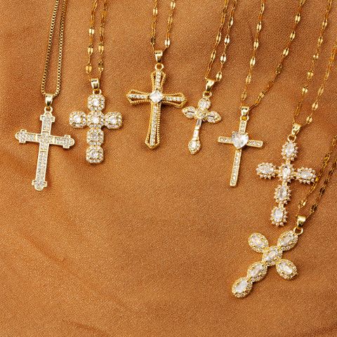 Stainless Steel 18K Gold Plated Vintage Style Plating Inlay Geometric Cross Rhinestones Pearl Zircon Pendant Necklace