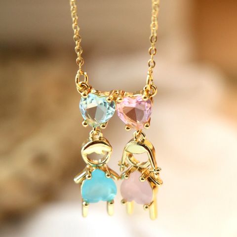 Vintage Style Cartoon Character Doll Heart Shape Copper Plating Inlay Zircon Pendant Necklace