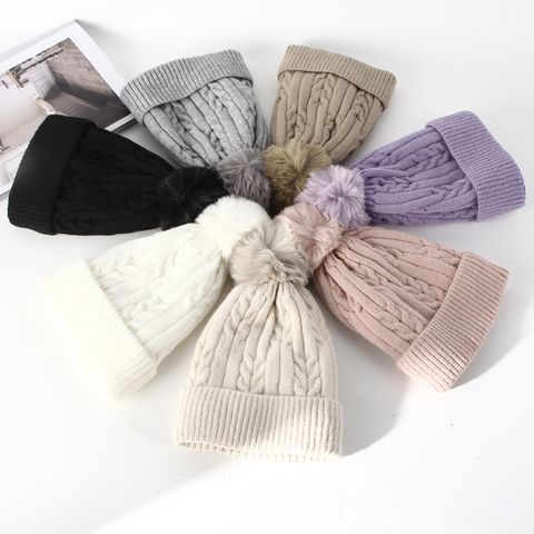 Women's Basic Simple Style Solid Color Twist Pom Poms Eaveless Wool Cap
