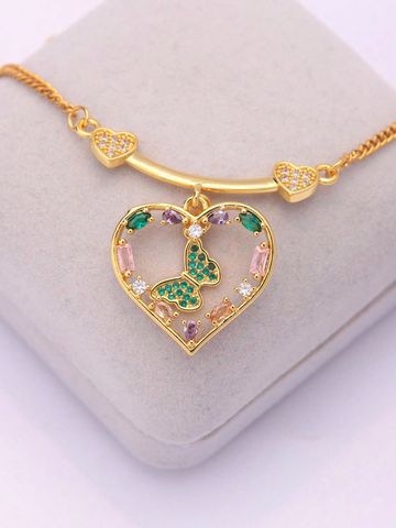 Ig Style Retro Heart Shape Stainless Steel Brass Plating Inlay Artificial Gemstones 18k Gold Plated Charms Pendant Necklace