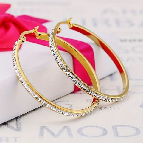 1 Pair Retro Round Inlay Stainless Steel Rhinestones Gold Plated Earrings