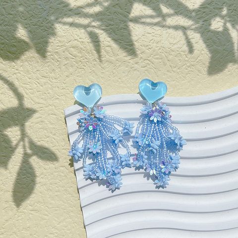 1 Pair Elegant Glam Shiny Tassel Heart Shape Beaded Synthetic Resin Drop Earrings