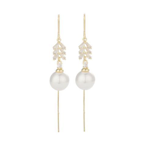 1 Pair Simple Style Commute Round Plating Inlay Copper Artificial Pearls Rhinestones 14k Gold Plated Dangling Earrings