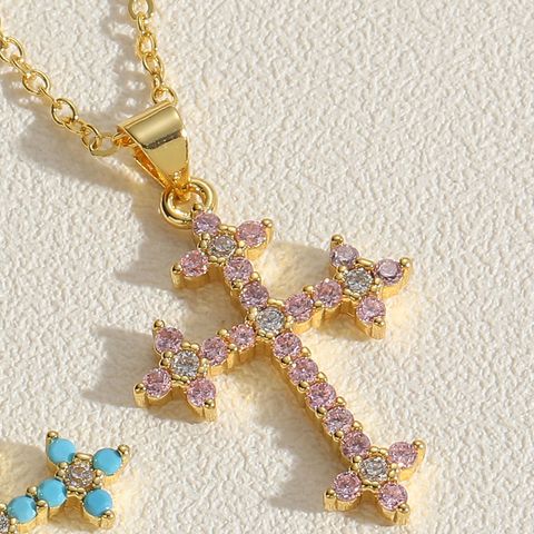 Streetwear Cross Copper Plating Inlay Zircon 14k Gold Plated Pendant Necklace