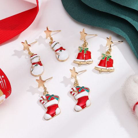 3 Pairs Simple Style Classic Style Christmas Socks Bell Snowman Plating Inlay Alloy Rhinestones Gold Plated Drop Earrings