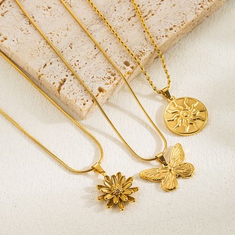 Simple Style Classic Style Sun Butterfly Stainless Steel Plating 18k Gold Plated Pendant Necklace