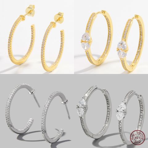 1 Pair Elegant Romantic Circle Plating Inlay Sterling Silver Zircon 14k Gold Plated White Gold Plated Hoop Earrings