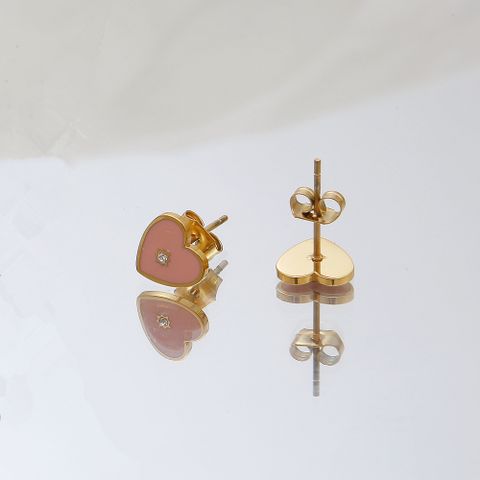 1 Pair Cute Heart Shape Plating Inlay 304 Stainless Steel Zircon 18K Gold Plated Ear Studs