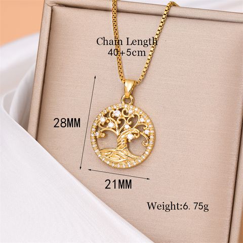 Stainless Steel Titanium Steel 18K Gold Plated Simple Style Plating Inlay Round Tree Zircon Pendant Necklace