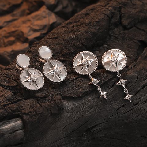 1 Piece Elegant Round Star Plating Inlay Sterling Silver Shell White Gold Plated Drop Earrings