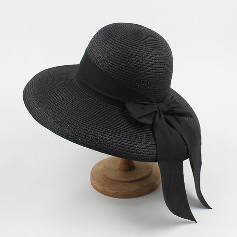 Women's Classical Retro Pastoral Solid Color Bowknot Big Eaves Straw Hat