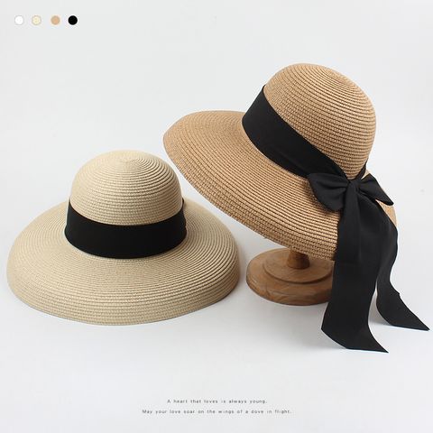 Women's Classical Retro Pastoral Solid Color Bowknot Big Eaves Straw Hat