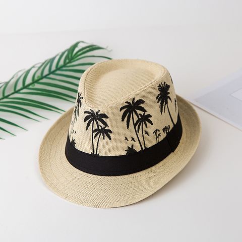 Unisex Pastoral Coconut Tree Printing Crimping Fedora Hat