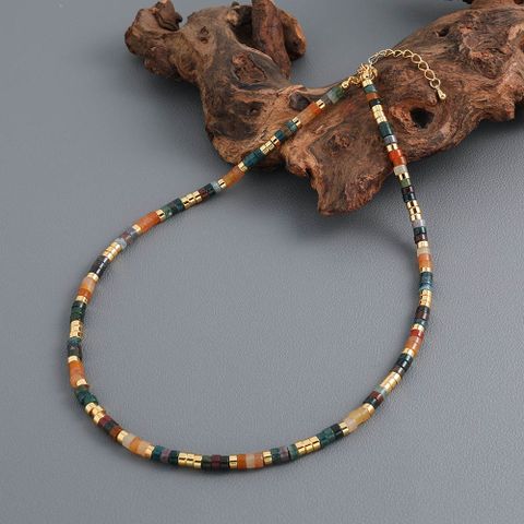 Bohemian Color Block Natural Stone Copper Beaded Handmade Necklace