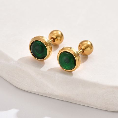 1 Pair Casual Simple Style Commute Round Inlay 201 Stainless Steel Artificial Gemstones Turquoise 18K Gold Plated Ear Studs