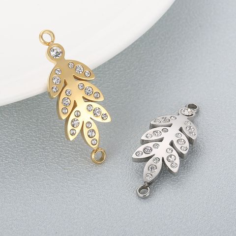 1 Piece Stainless Steel Rhinestones 18K Gold Plated Leaves