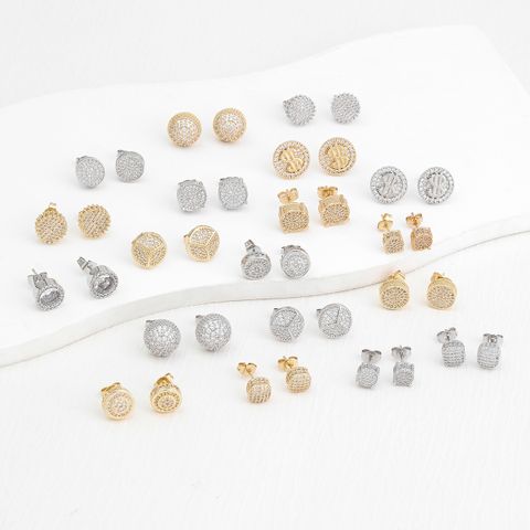 1 Pair Simple Style Geometric Dollar Plating Inlay Copper Zircon 18k Gold Plated White Gold Plated Ear Studs