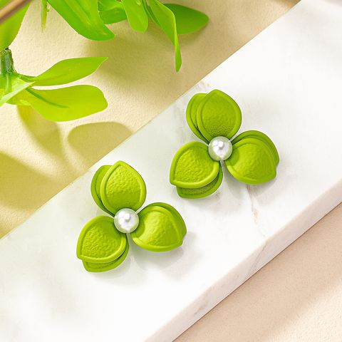 1 Pair Sweet Korean Style Pearl Flower Stoving Varnish Iron Pearl Drop Earrings