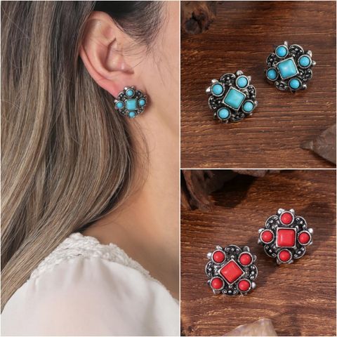 1 Pair Retro Round Plating Inlay Alloy Turquoise Ear Studs