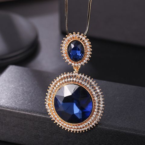 Casual Solid Color Alloy Copper Inlay Glass Women's Sweater Chain Long Necklace