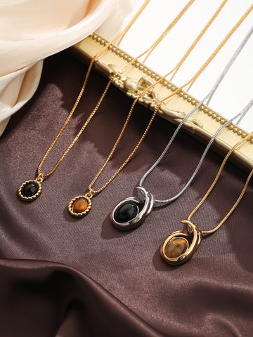 Elegant French Style Geometric Natural Stone Copper Inlay Tiger Eye Obsidian 18k Gold Plated Pendant Necklace
