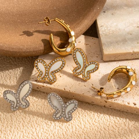 1 Pair French Style Simple Style Korean Style C Shape Butterfly Stainless Steel Zircon 18k Gold Plated Hoop Earrings Ear Studs