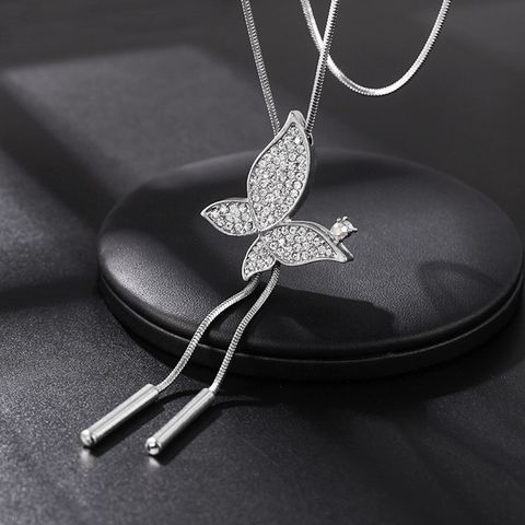 Simple Style Butterfly Alloy Copper Inlay Glass Women's Sweater Chain Long Necklace
