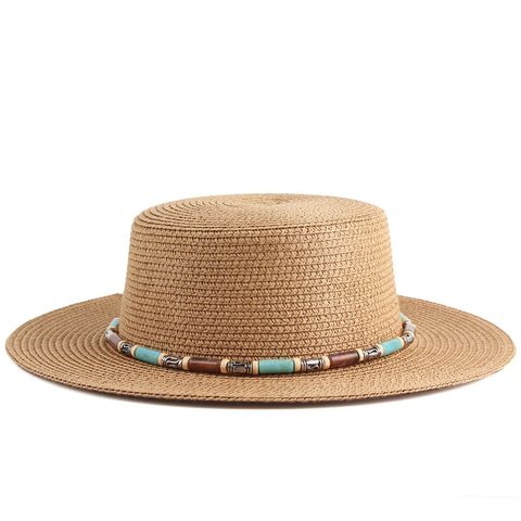Women's Pastoral Simple Style Solid Color Beaded Big Eaves Straw Hat
