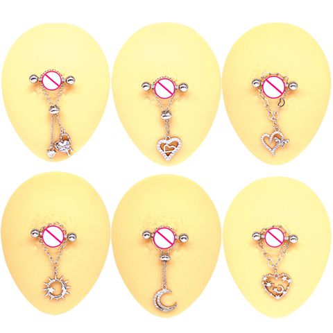 Cute Starry Sky Moon Heart Shape Stainless Steel Copper White Gold Plated Gold Plated Rhinestones Nipple Ring In Bulk