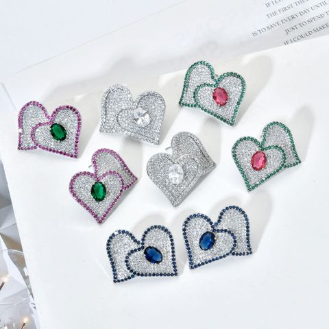 1 Pair Sweet Heart Shape Plating Inlay Copper Zircon White Gold Plated Ear Studs