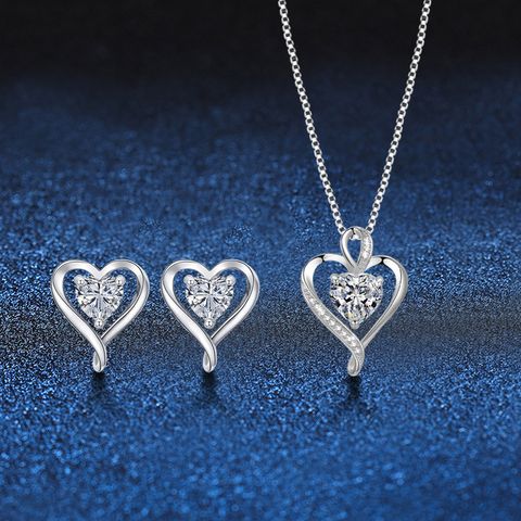 Elegant Luxurious Heart Shape Sterling Silver Inlay Zircon Women's Earrings Necklace