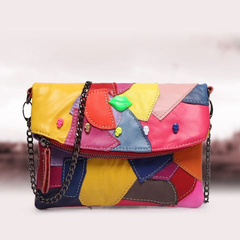 Women's Medium Leather Color Block Vintage Style Square Flip Cover Handbag