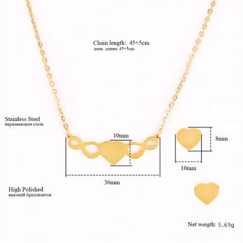 304 Stainless Steel 18K Gold Plated Simple Style Plating Hollow Out Infinity Heart Shape Earrings Necklace