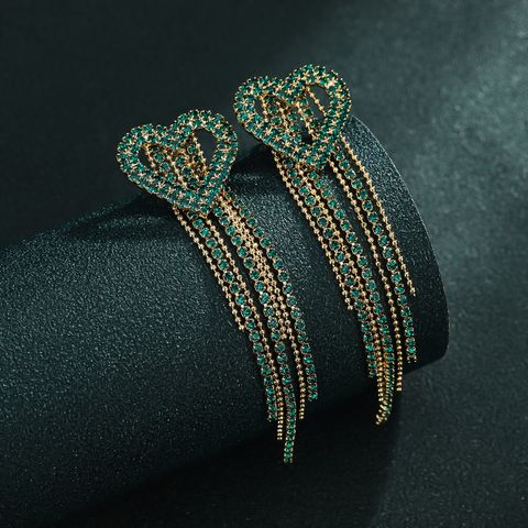 1 Pair Simple Style Tassel Heart Shape Inlay Copper Zircon Drop Earrings