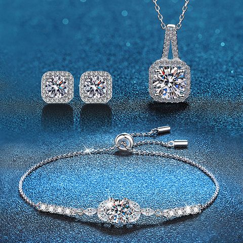 Elegant Classic Style Square Sterling Silver Inlay Zircon Women's Jewelry Set