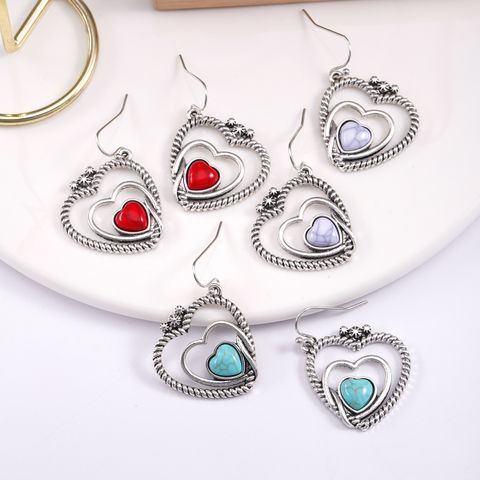 1 Pair Elegant Vintage Style Heart Shape Inlay Alloy Natural Stone Drop Earrings
