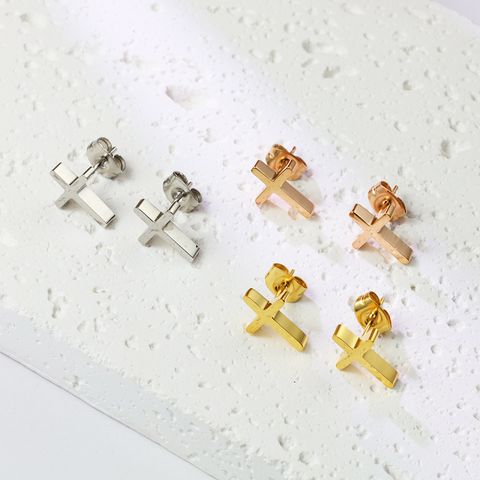 1 Pair Simple Style Cross Plating Stainless Steel 18k Gold Plated Rose Gold Plated Ear Studs